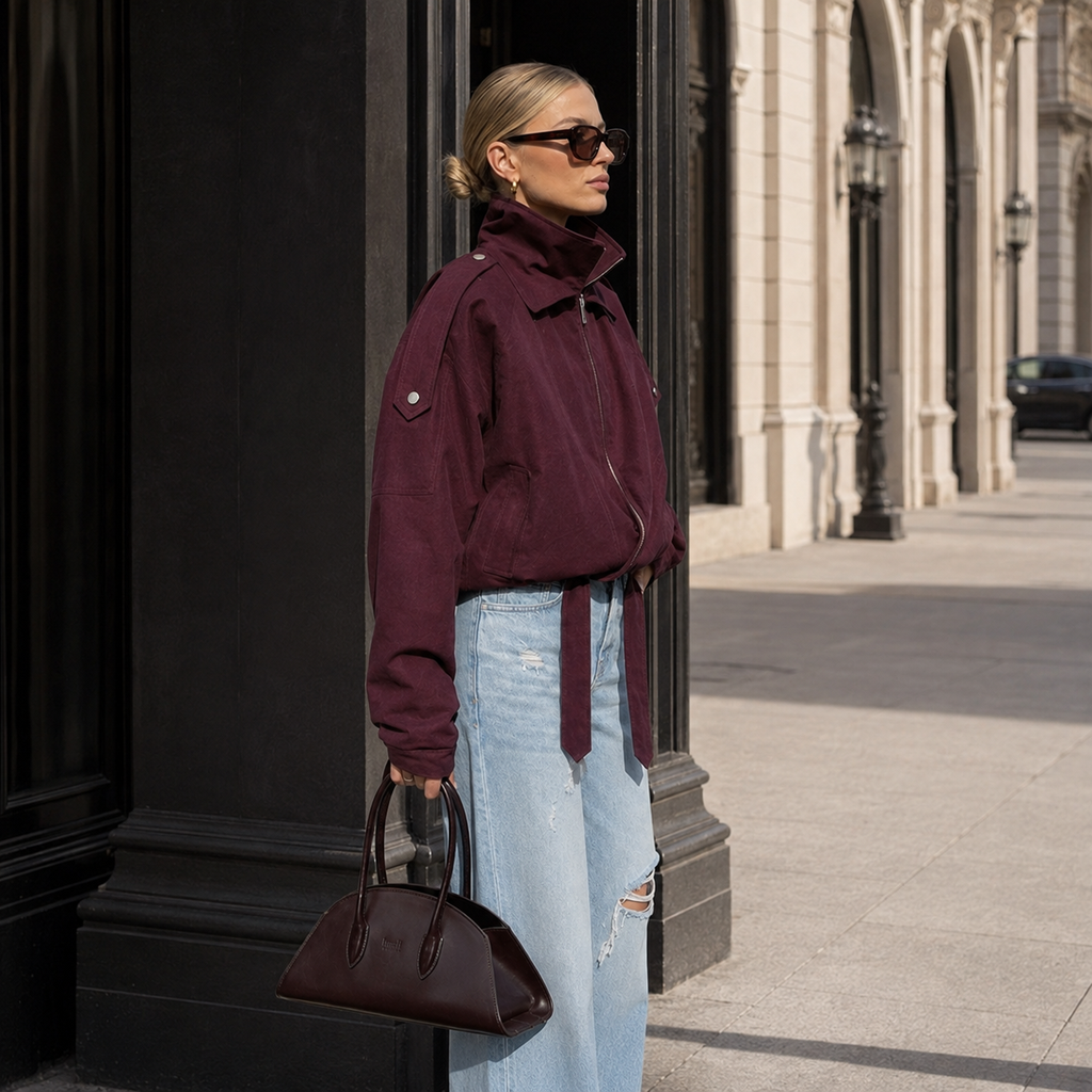 Marceline – Women's Burgundy Bomber Jacket with Stand Collar
