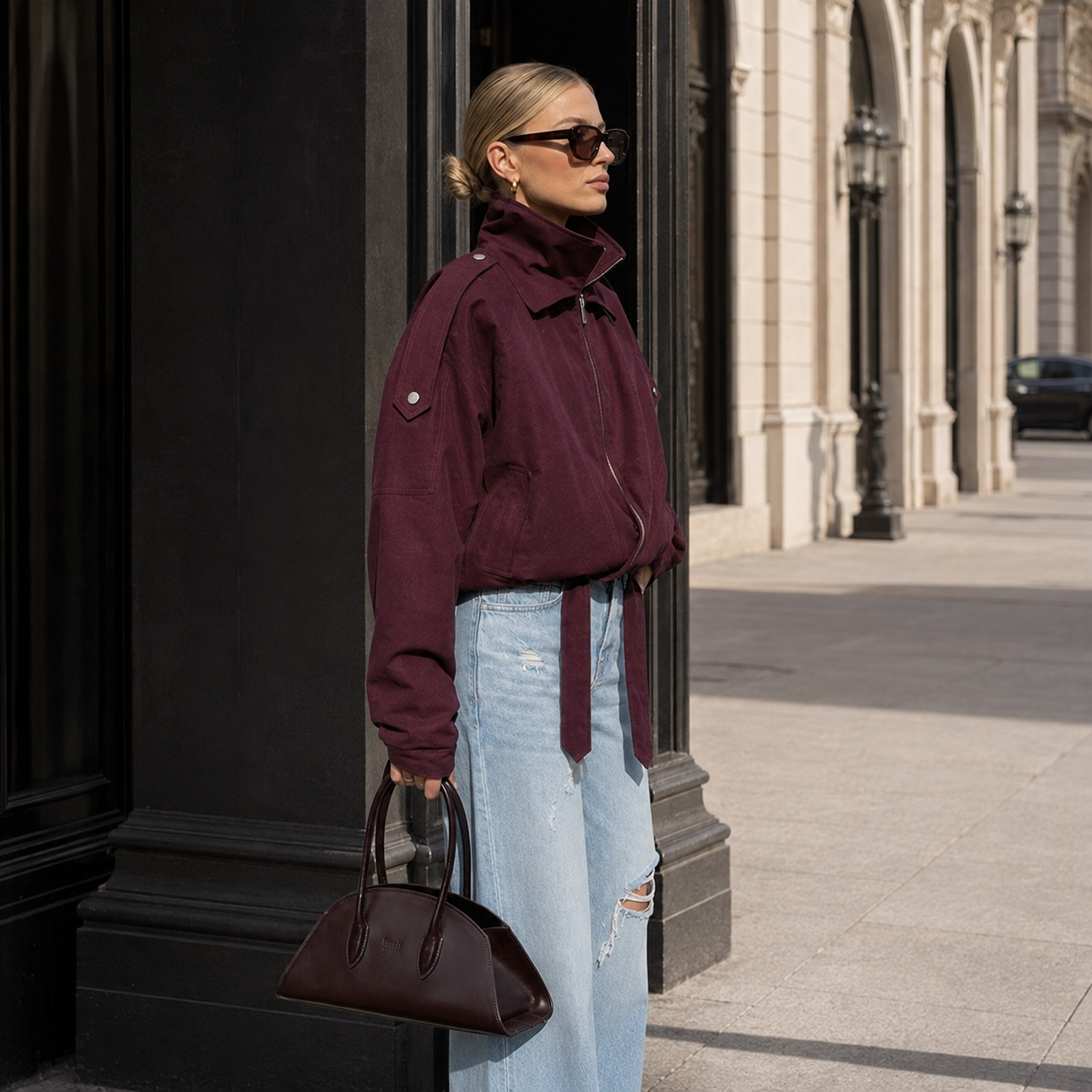 Marceline – Women's Burgundy Bomber Jacket with Stand Collar