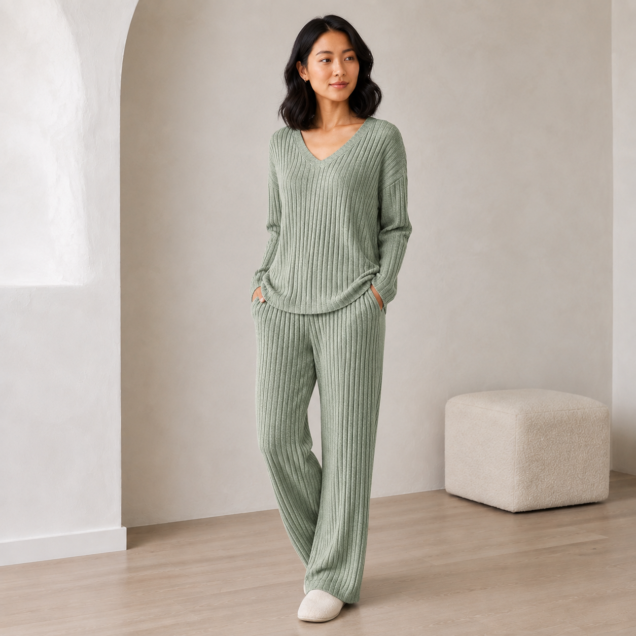 Isaline | Elegant Womens Lounge Sets with Ribbed V-Neck Top & Wide-Leg Trousers