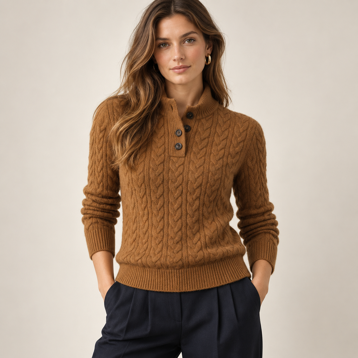 Lalaine | Elegant Women’s Cashmere Jumper with Cable Knit Button Neck