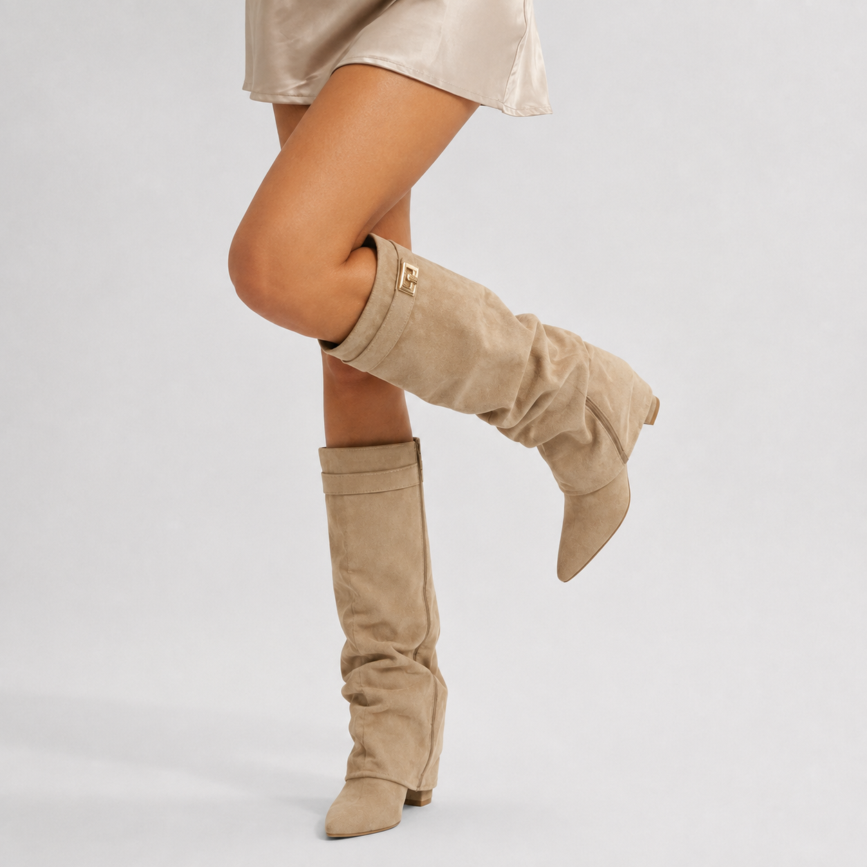 Wilhelmina – Pointed Toe Ruched Tall Boots with Buckle