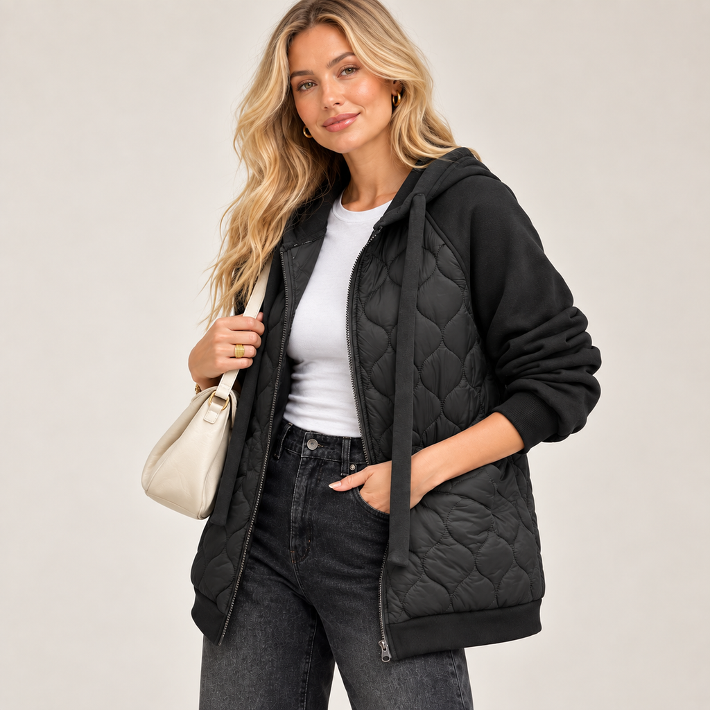 Corisande | Elegant Black Quilted Jacket for Women with Cosy Hooded Finish