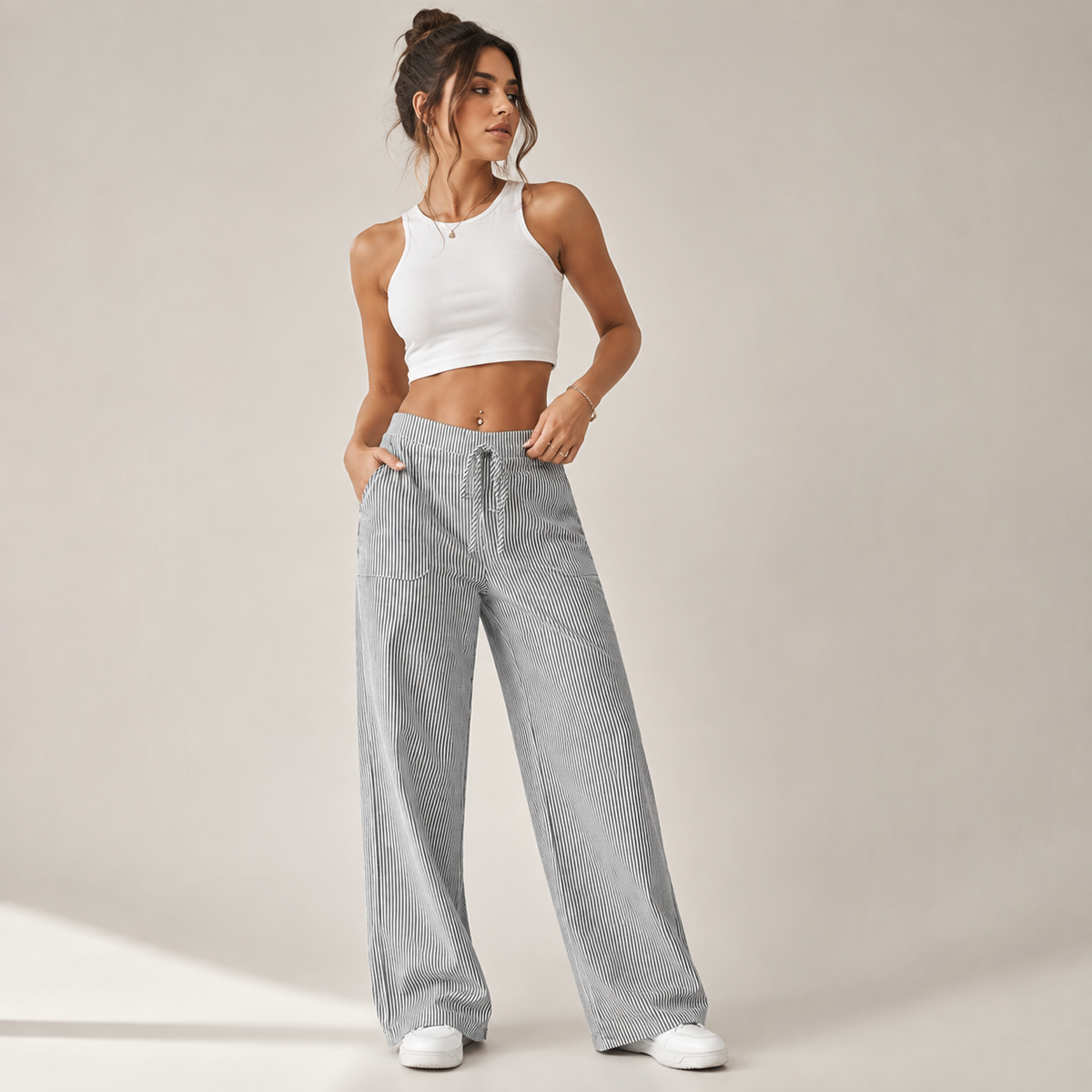 Marigold | Relaxed Striped Wide Leg Linen Trousers for Women