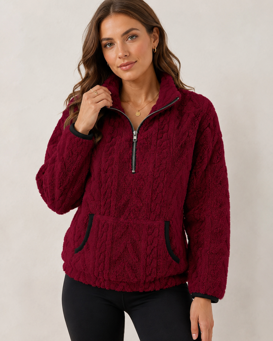 Marielle | Textured Half-Zip Pullover with Kangaroo Pocket