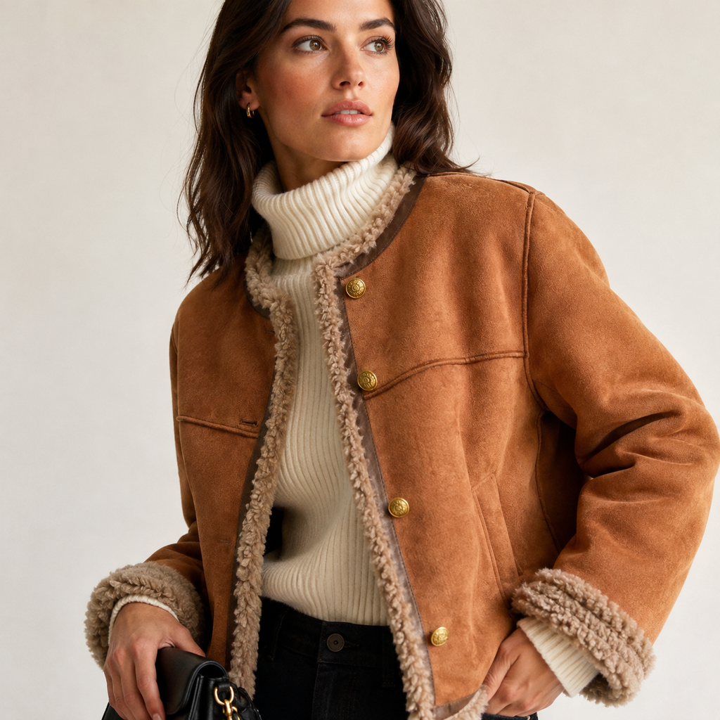 Rosalind – Fleece-Lined Brown Suede Jacket with Buttons