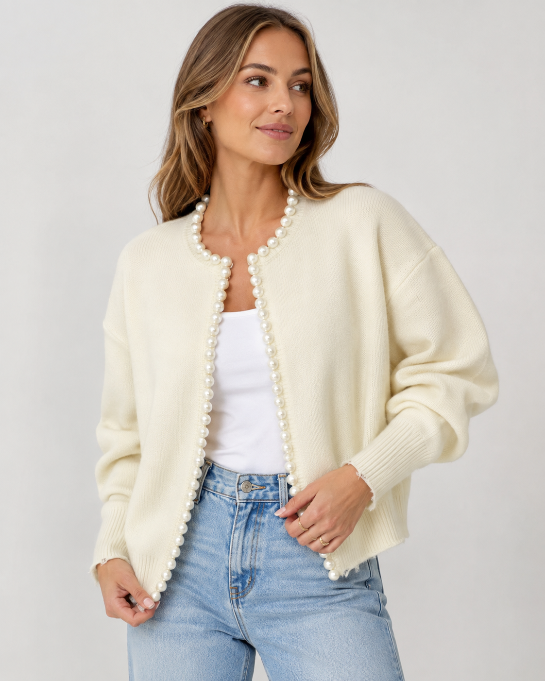 Wilhelmina – Open Cardigan with Elegant Pearl Trim Detail