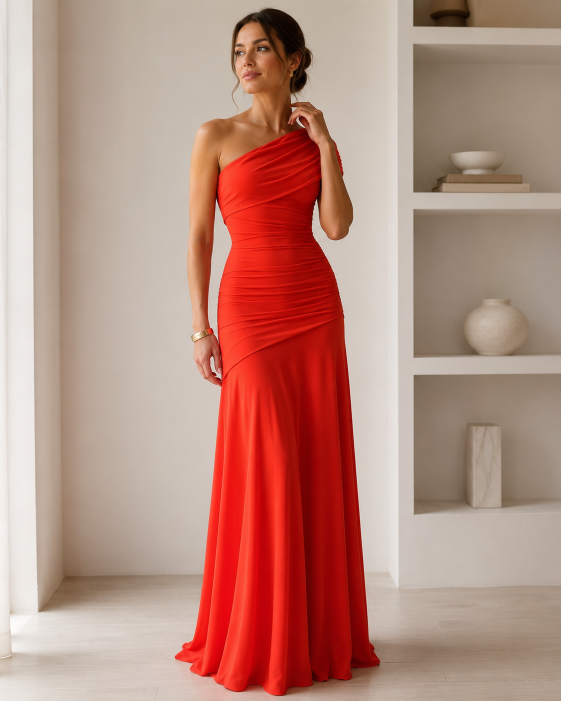 Wilhelmina – Asymmetric Ruched Maxi Dress for Evening Wear