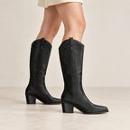 Lucasta | Statement Black Knee High Boots for Women with Western Embroidery