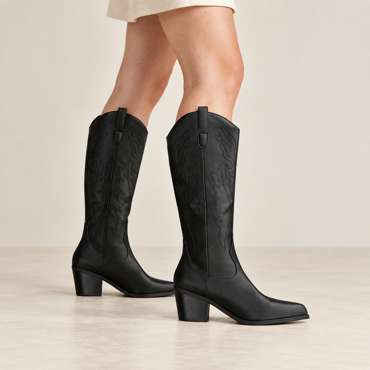Lucasta | Statement Black Knee High Boots for Women with Western Embroidery