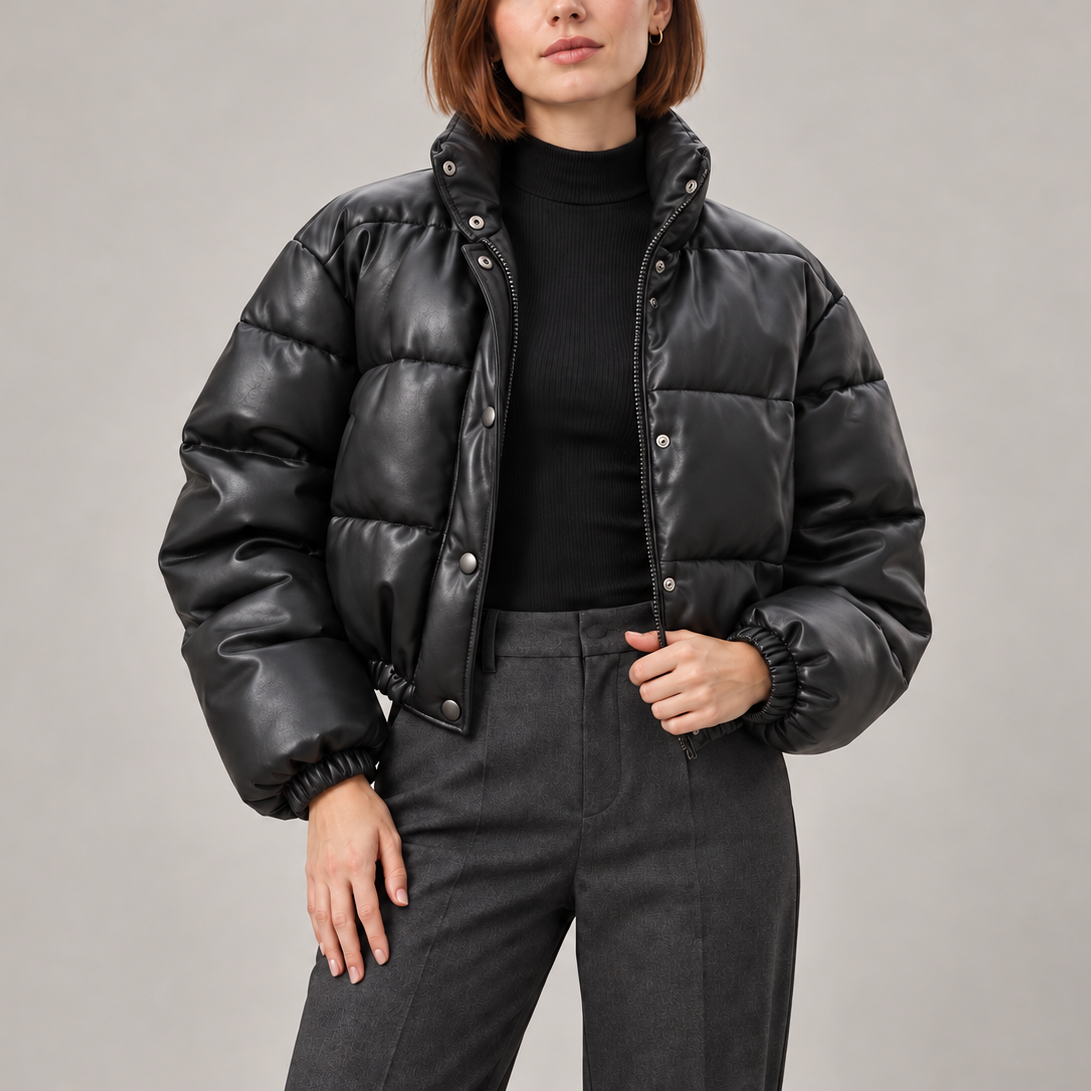 Maeline | Chic Black Puffer Jacket for Women with Cropped Vegan-Leather Finish