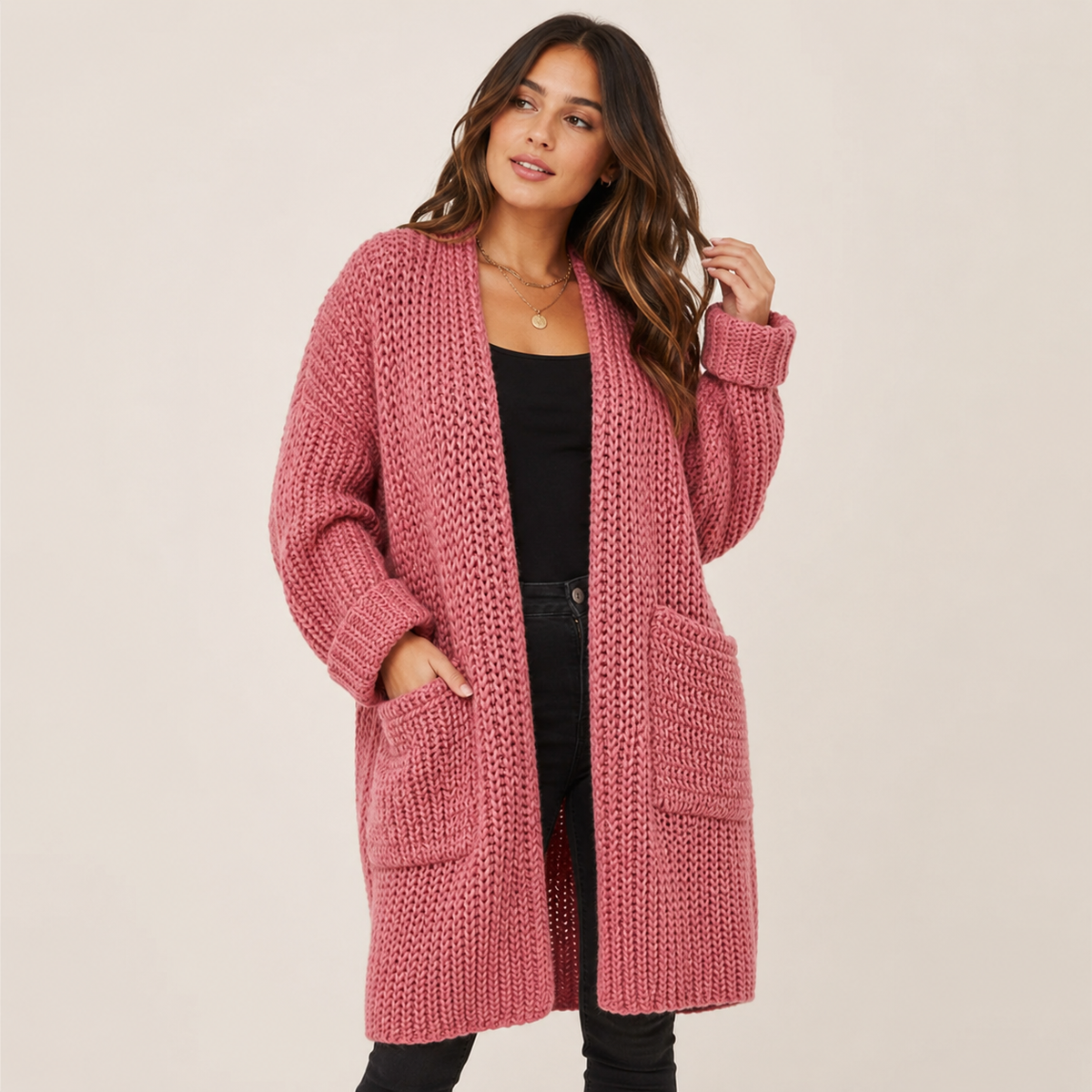 Delphine | Elegant Long Cardigan for Women with Chunky Open-Front Knit