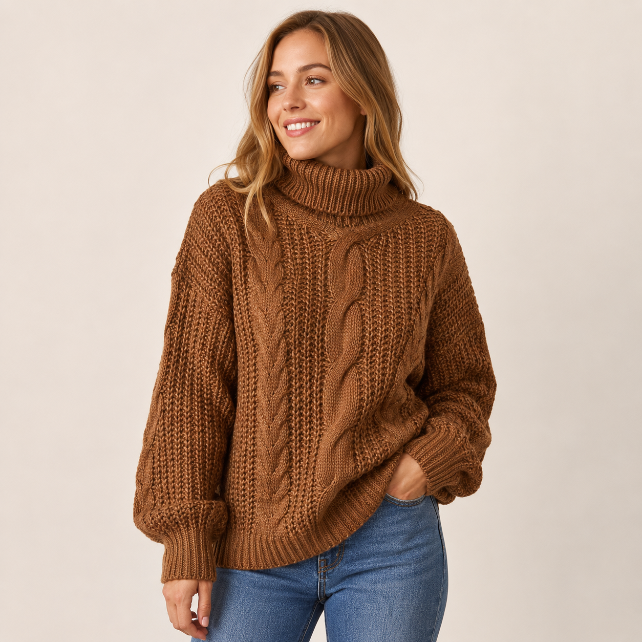 Genevieve – Women's Rose Chunky High-Neck Cable Knit Jumper