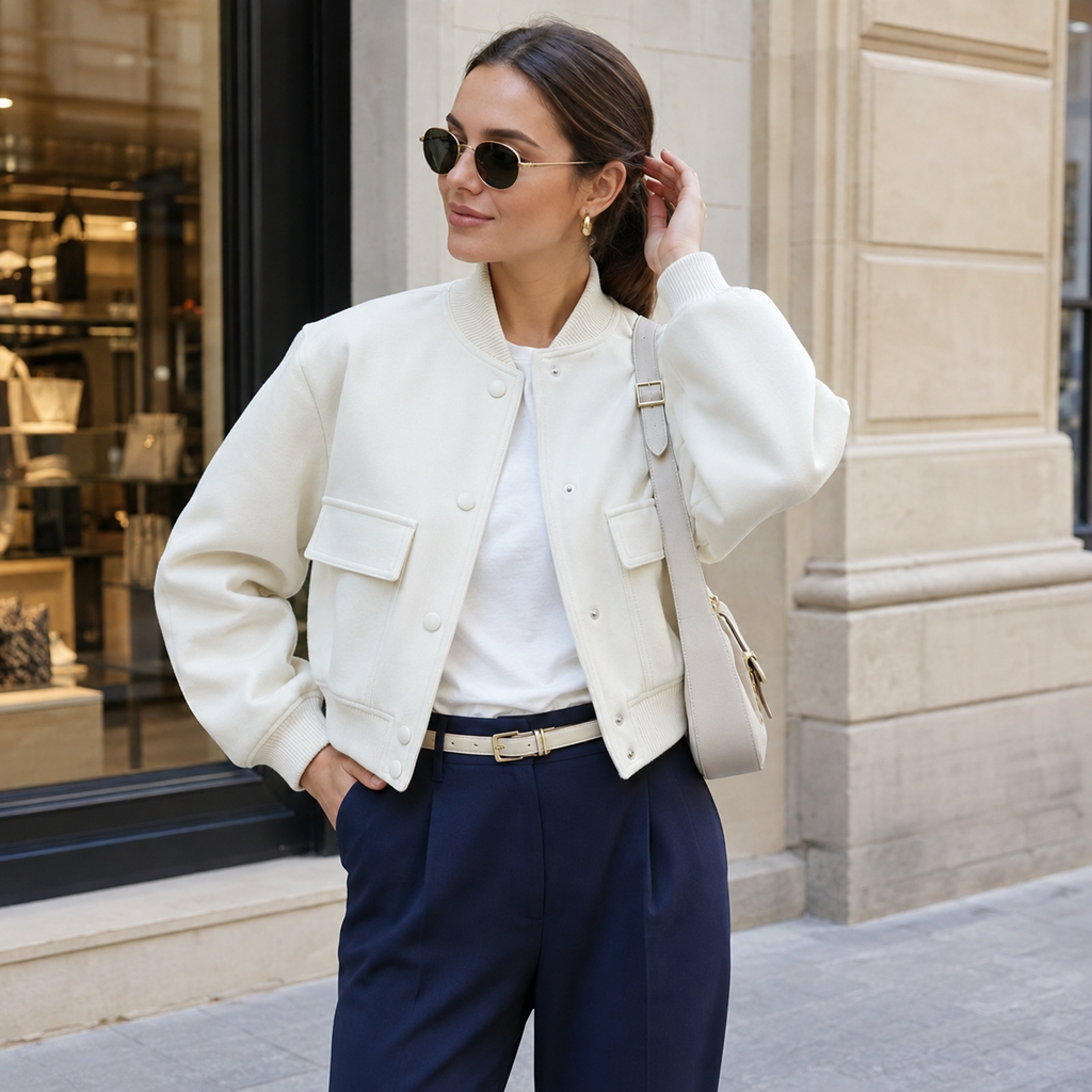 Aurélie – Women's Navy Bomber Jacket with Front Pockets