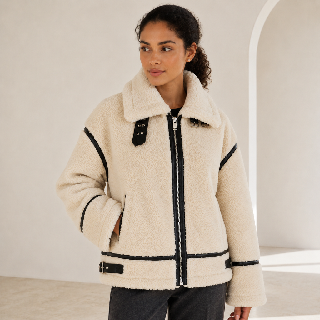 Ines | Cosy Teddy Bear Jacket for Women with Black Accents