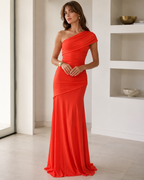 Wilhelmina – Asymmetric Ruched Maxi Dress for Evening Wear