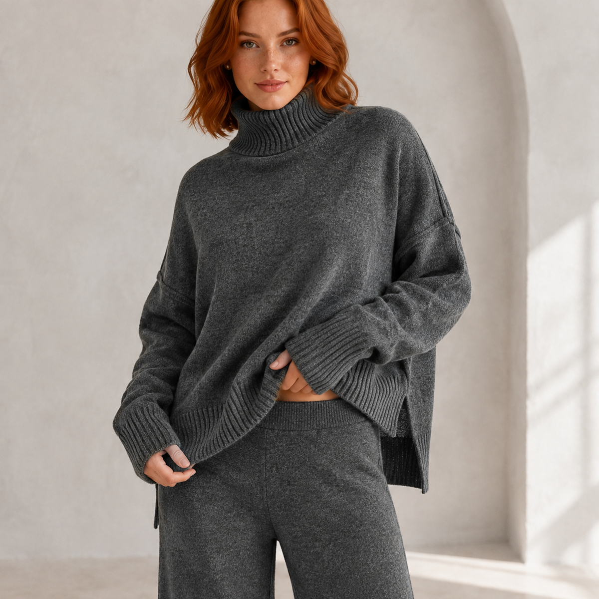 Elara | Cosy Loungewear Set for Women with Oversized Turtleneck & Wide-Leg Trousers