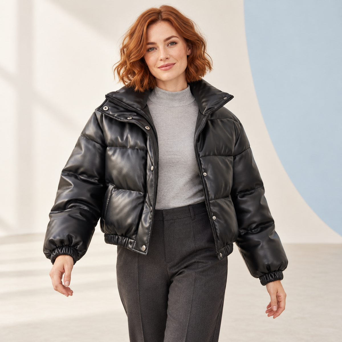 Odile | Cropped Vegan Leather Puffer Jacket