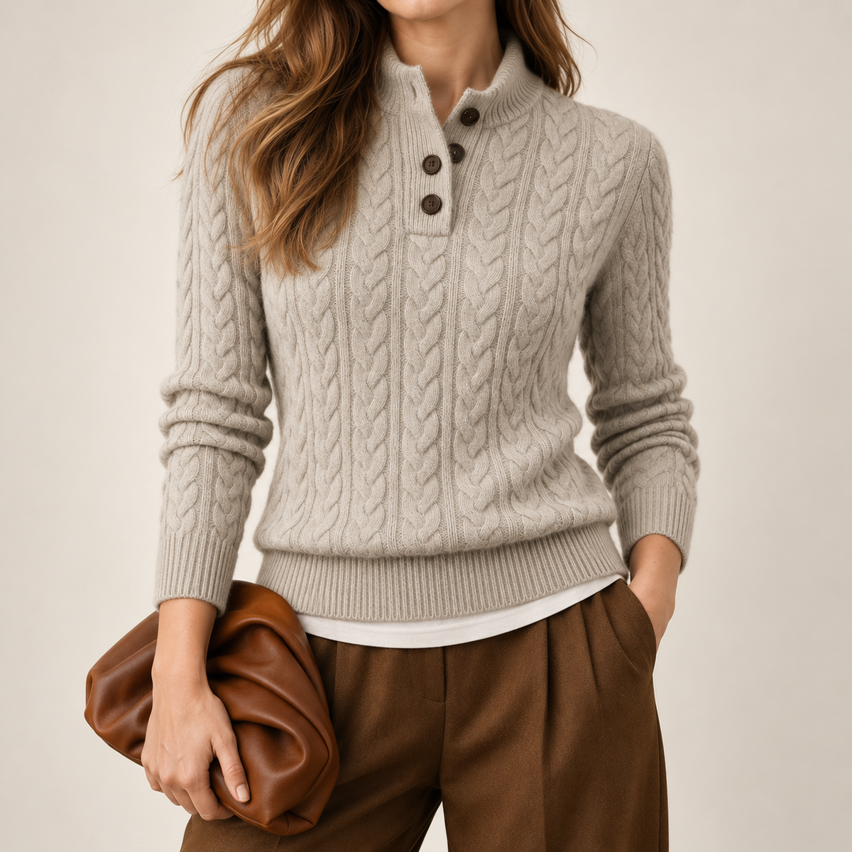 Lalaine | Elegant Women’s Cashmere Jumper with Cable Knit Button Neck