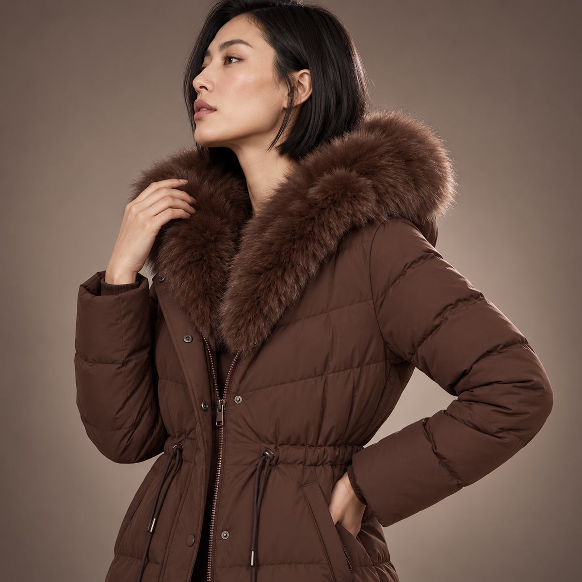 Celestine | Elegant Puffer Coat for Women with Longline Shape & Faux-Fur Hood