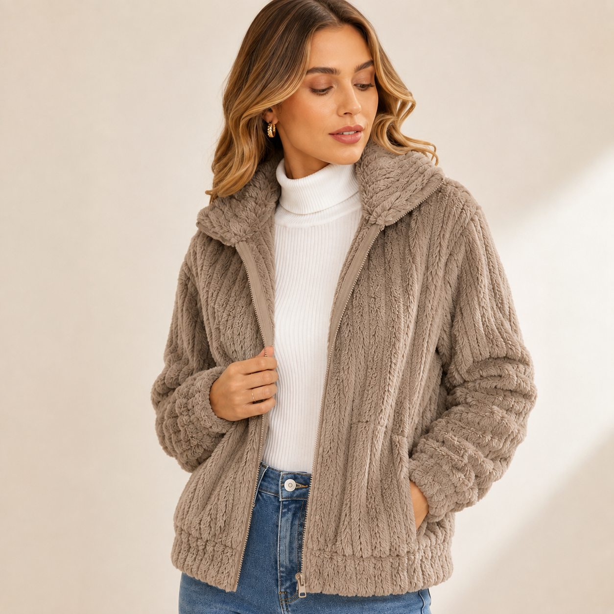 Ottoline | Cosy Teddy Coat for Women with Zip Front & Collared Fleece Design