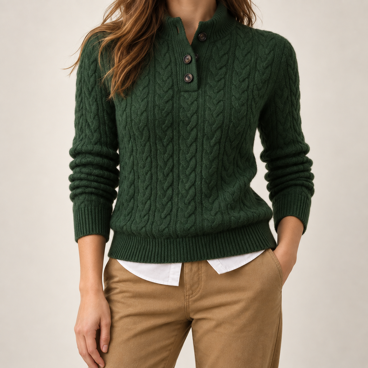 Lalaine | Elegant Women’s Cashmere Jumper with Cable Knit Button Neck