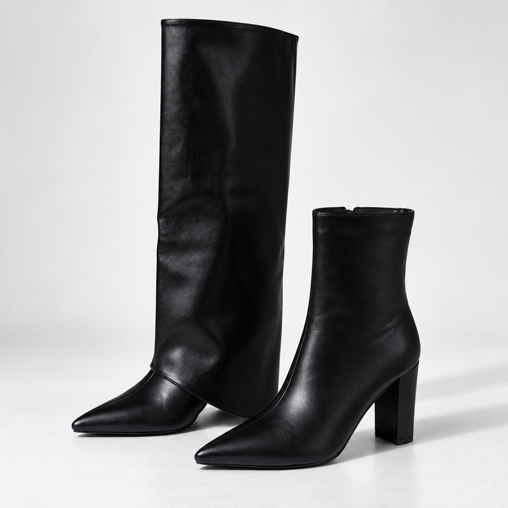 Elarisse | Sophisticated Black Knee High Boots with Convertible Leather Design
