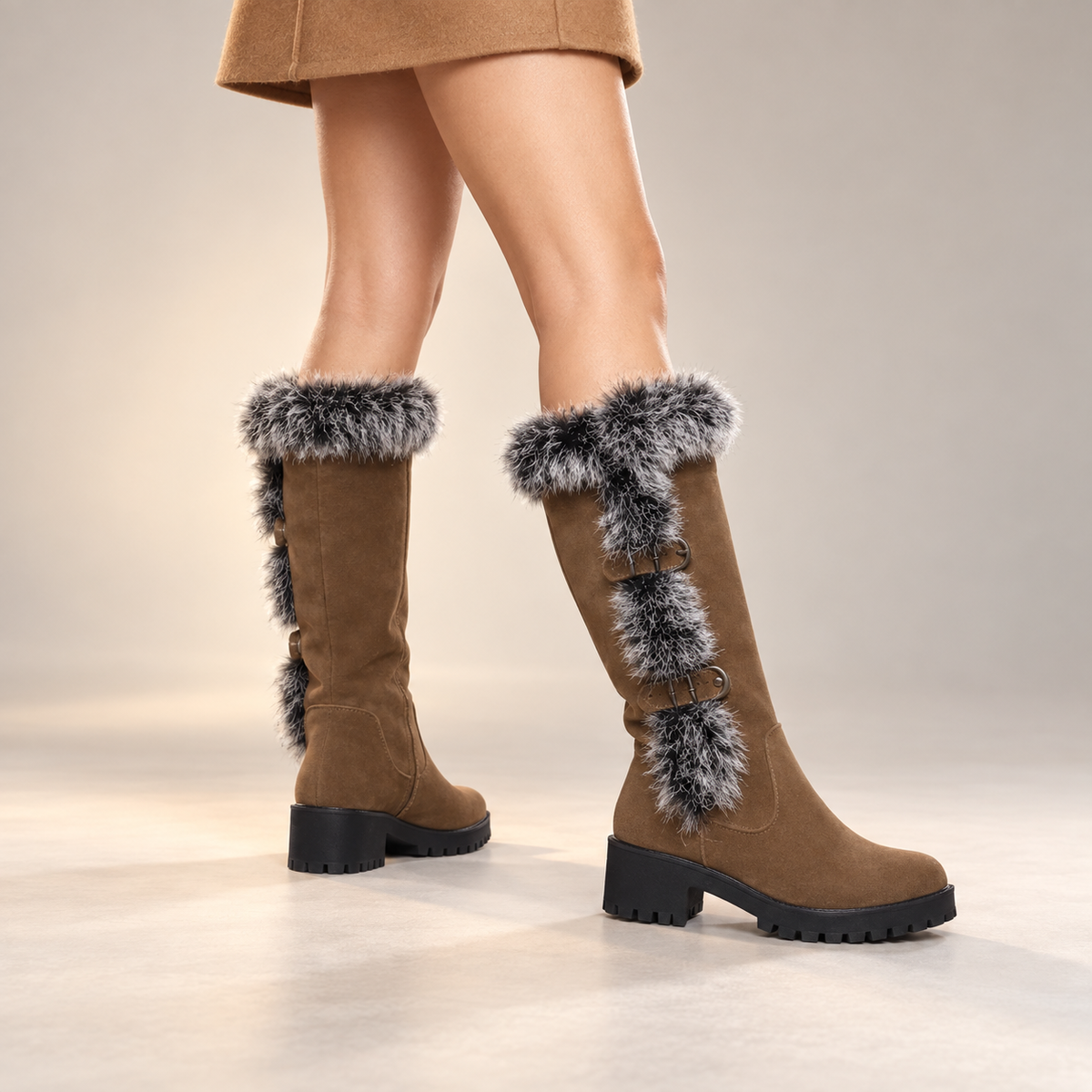 Celestine | Cosy Winter Tall Boots for Women with Faux-Fur Trim & Buckle Detail