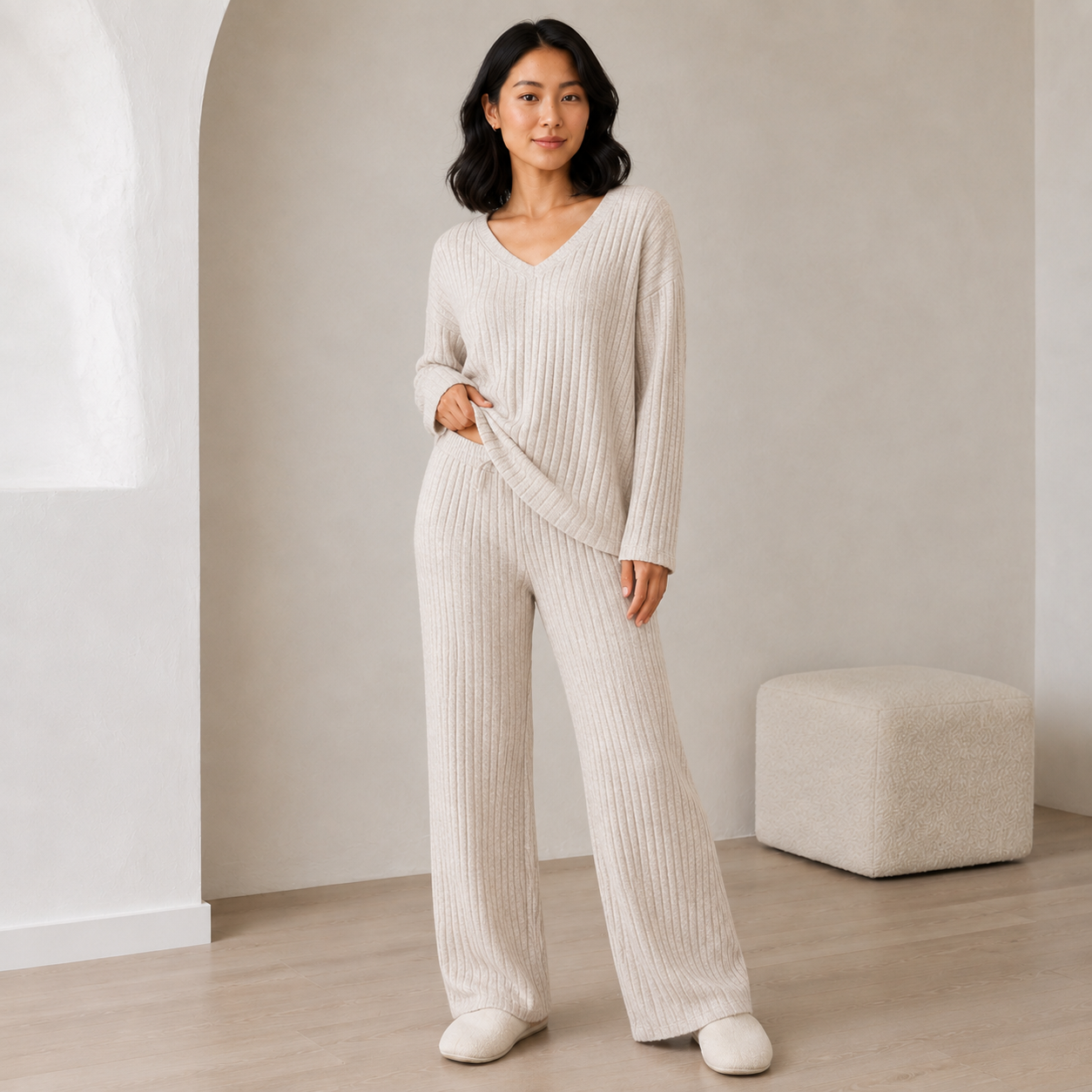 Isaline | Elegant Womens Lounge Sets with Ribbed V-Neck Top & Wide-Leg Trousers