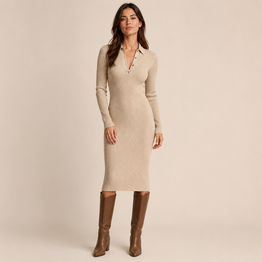 Isolde – Women's Beige Ribbed V-Neck Jumper Dress