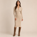 Isolde – Women's Beige Ribbed V-Neck Jumper Dress