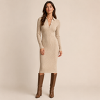 Isolde – Women's Beige Ribbed V-Neck Jumper Dress