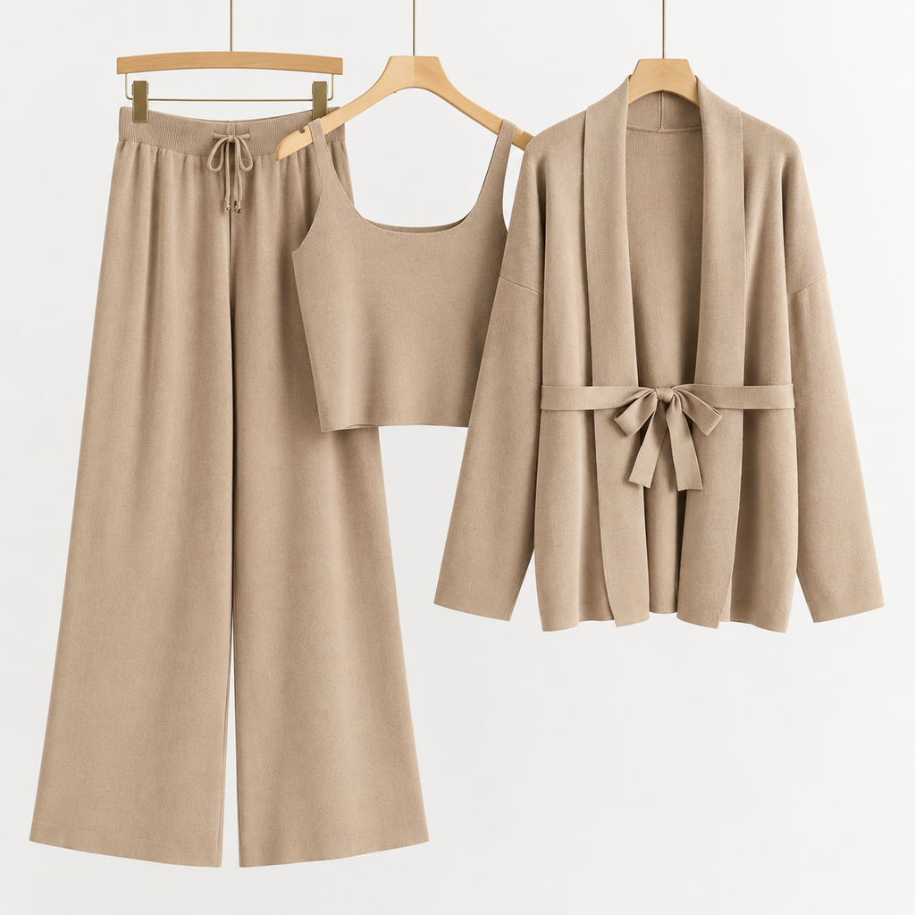 Maelle | Elegant Knitted Co-Ord Sets for Women with Belted Cardigan & Wide-Leg Trousers
