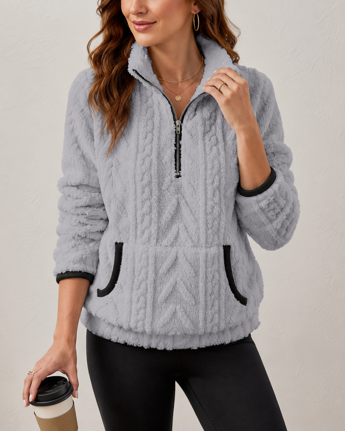 Marielle | Textured Half-Zip Pullover with Kangaroo Pocket