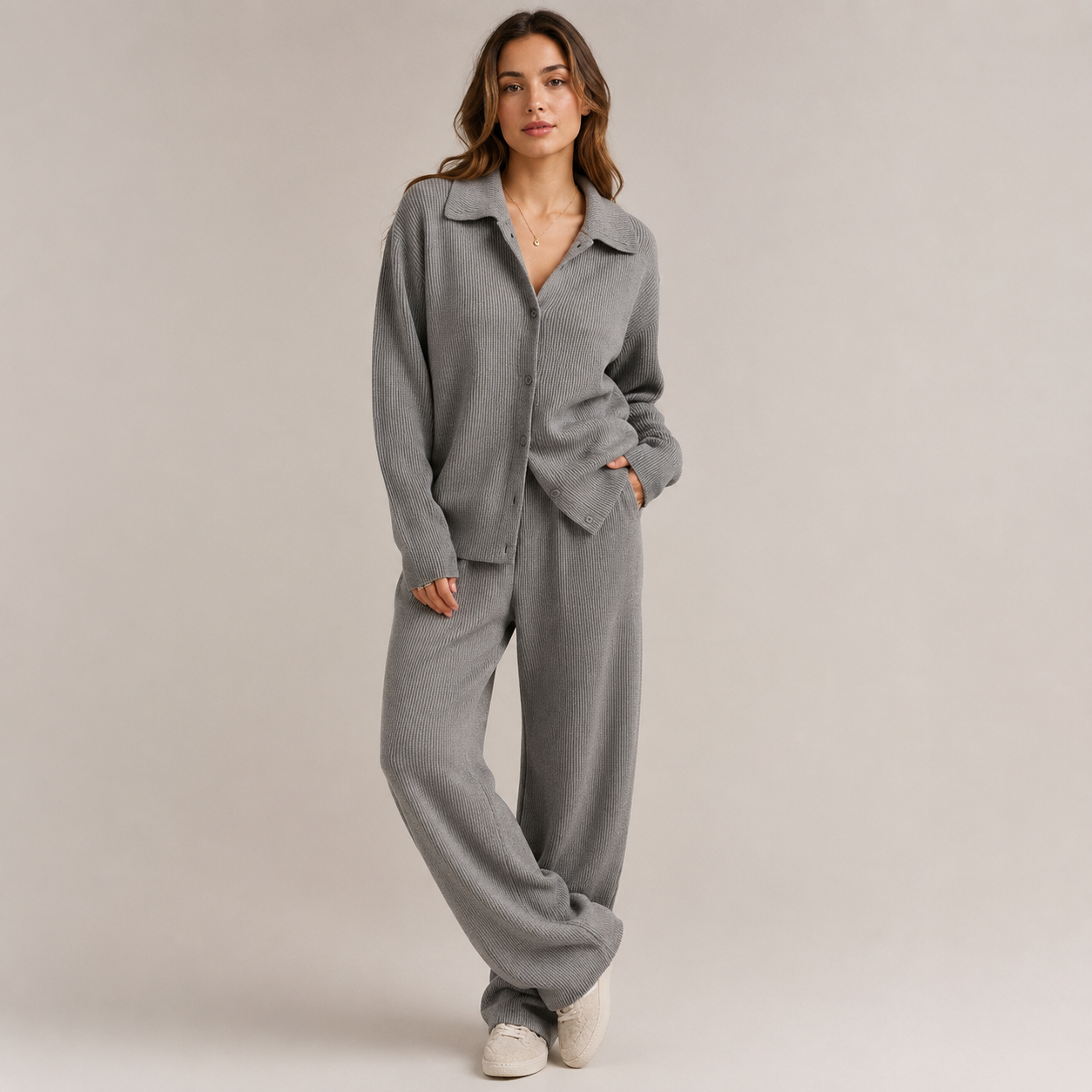 Isla | Relaxed Knit Set with Modern Collar