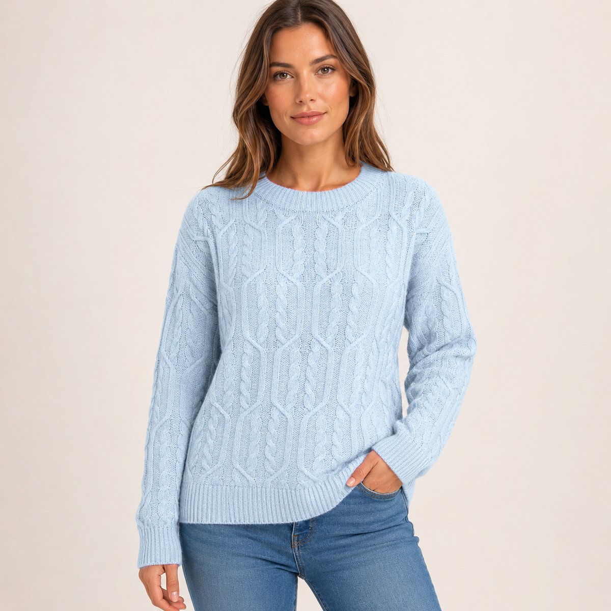 Odile – Women's Sky Blue Round Neck Cable Knit Jumper