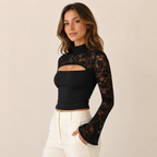 Marisol – Black Lace Sleeve Top with Bold Cut