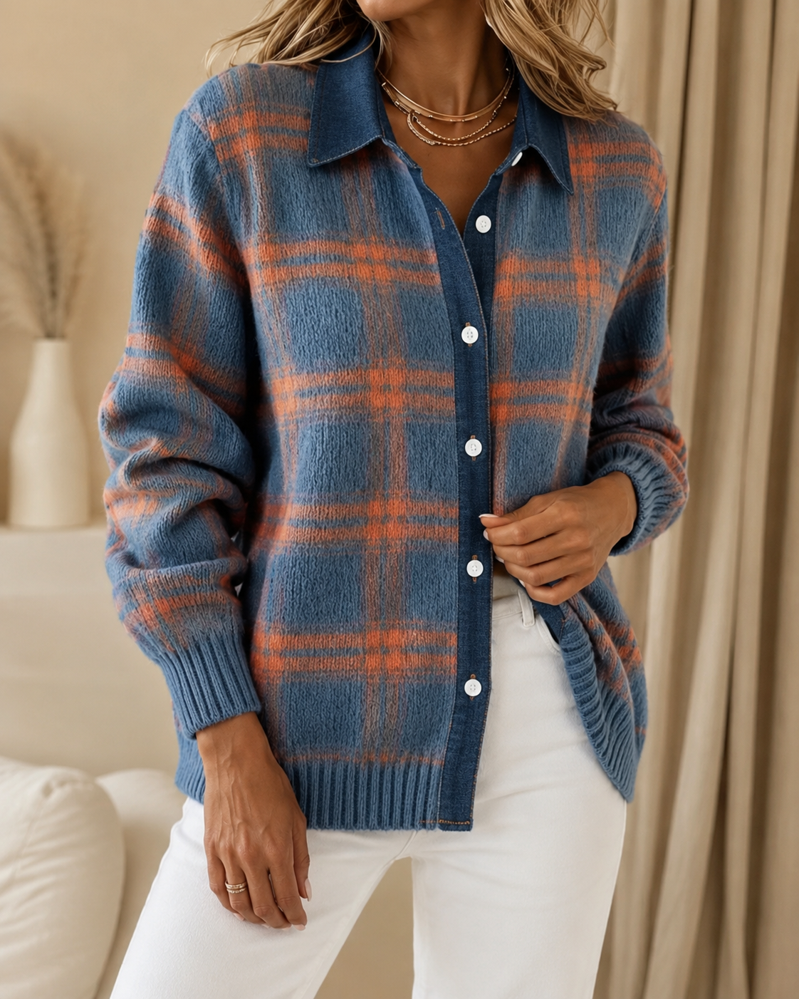 Camellia | Checkered Longline Button-Front Cardigan for Women