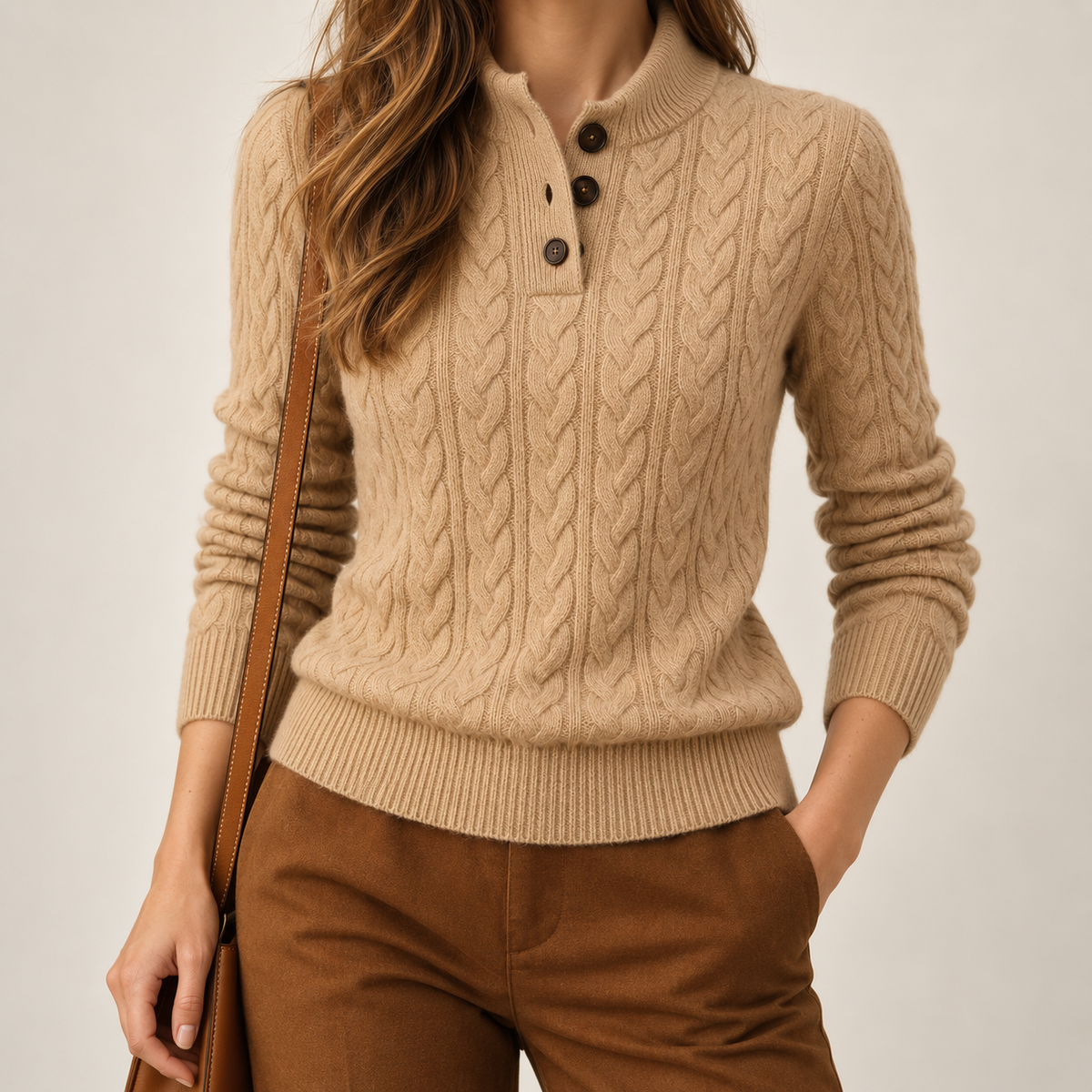 Lalaine | Elegant Women’s Cashmere Jumper with Cable Knit Button Neck