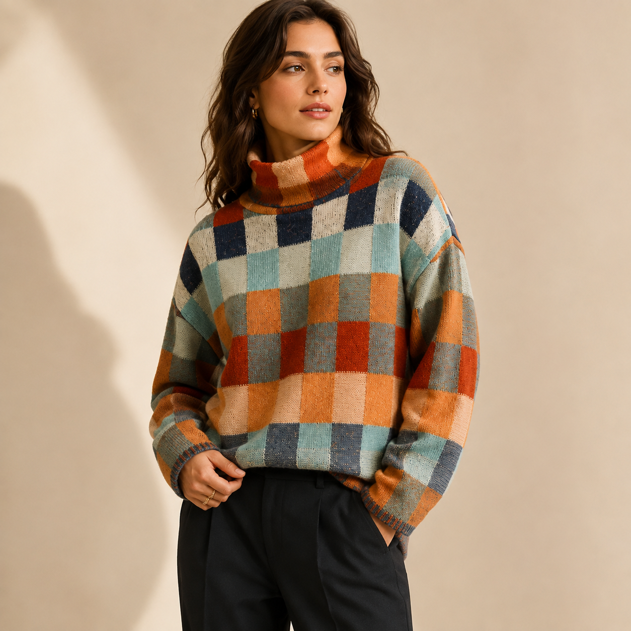 Aveline | Oversized Checkered Turtleneck Knitwear for Women