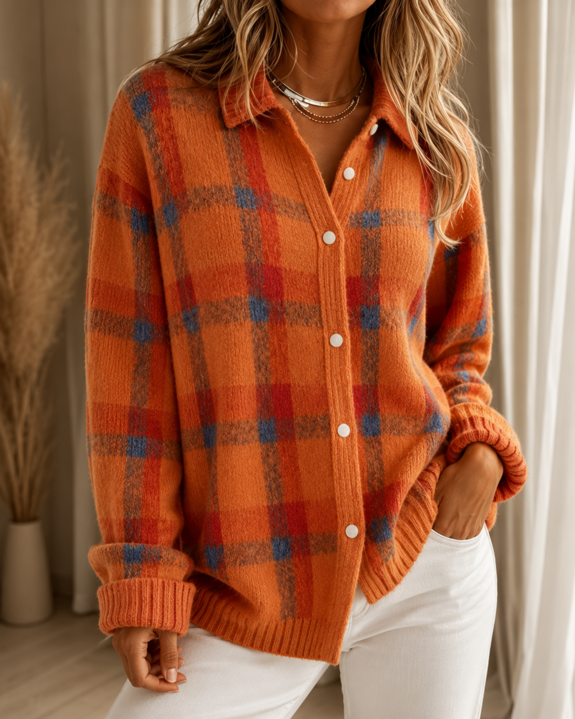 Camellia | Checkered Longline Button-Front Cardigan for Women