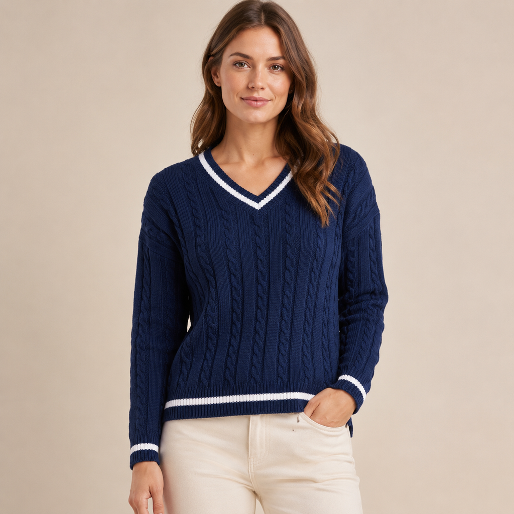 Adelina – Women's Navy V-Neck Cable Knit Jumper