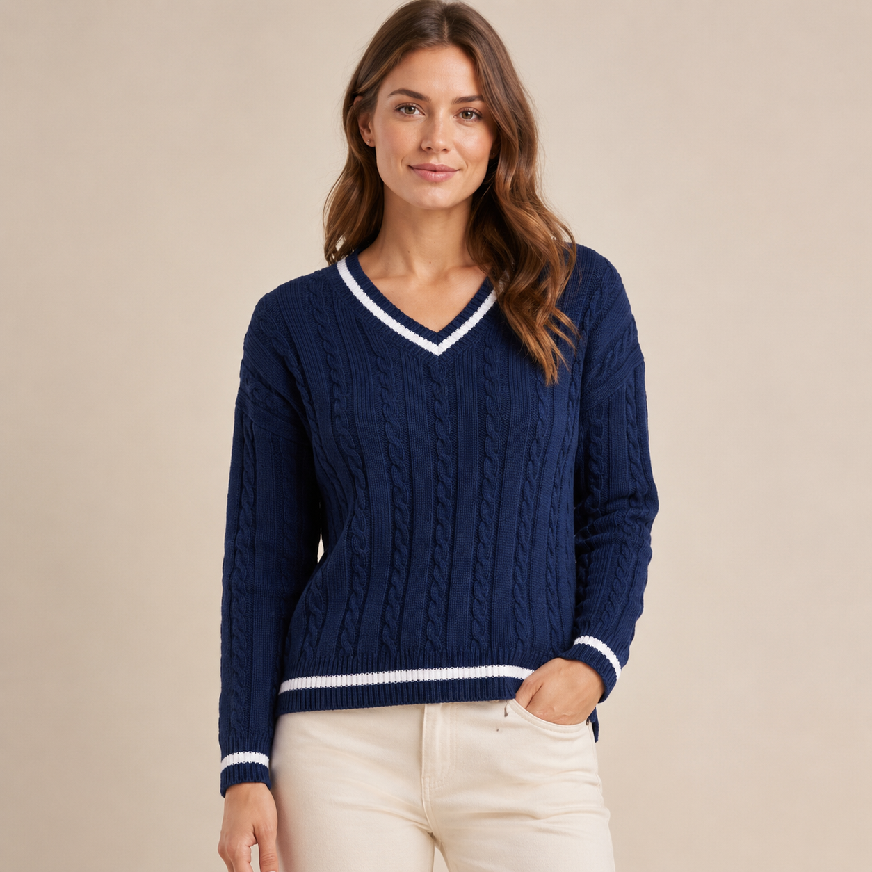 Adelina – Women's Navy V-Neck Cable Knit Jumper