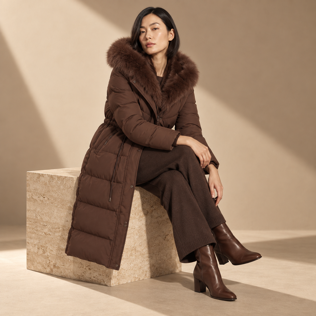 Celestine | Elegant Puffer Coat for Women with Longline Shape & Faux-Fur Hood