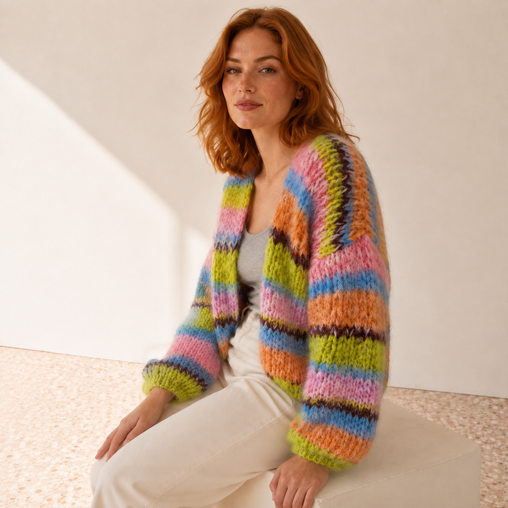 Zelie | Chic Chunky Knit Cardigan for Women with Multicolour Stripes