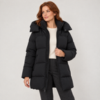 Amarante | Chic Black Puffer Jacket for Women with Longline Hooded Silhouette