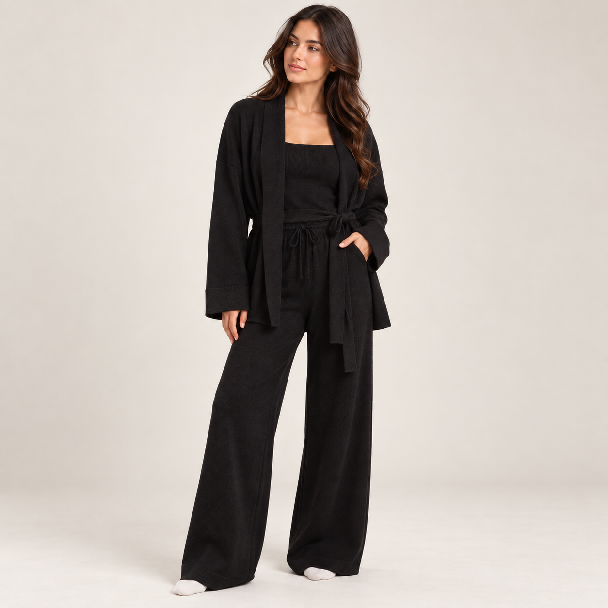 Maelle | Elegant Knitted Co-Ord Sets for Women with Belted Cardigan & Wide-Leg Trousers