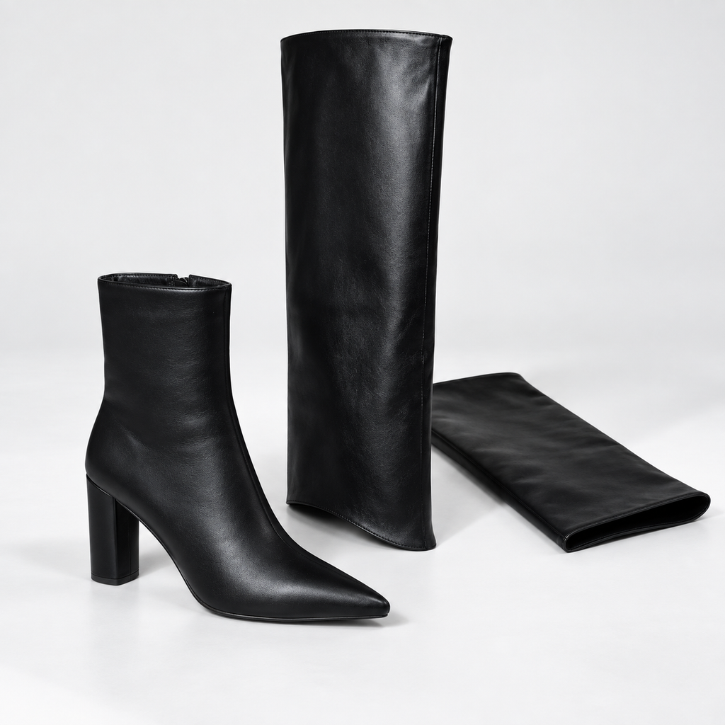 Elarisse | Sophisticated Black Knee High Boots with Convertible Leather Design