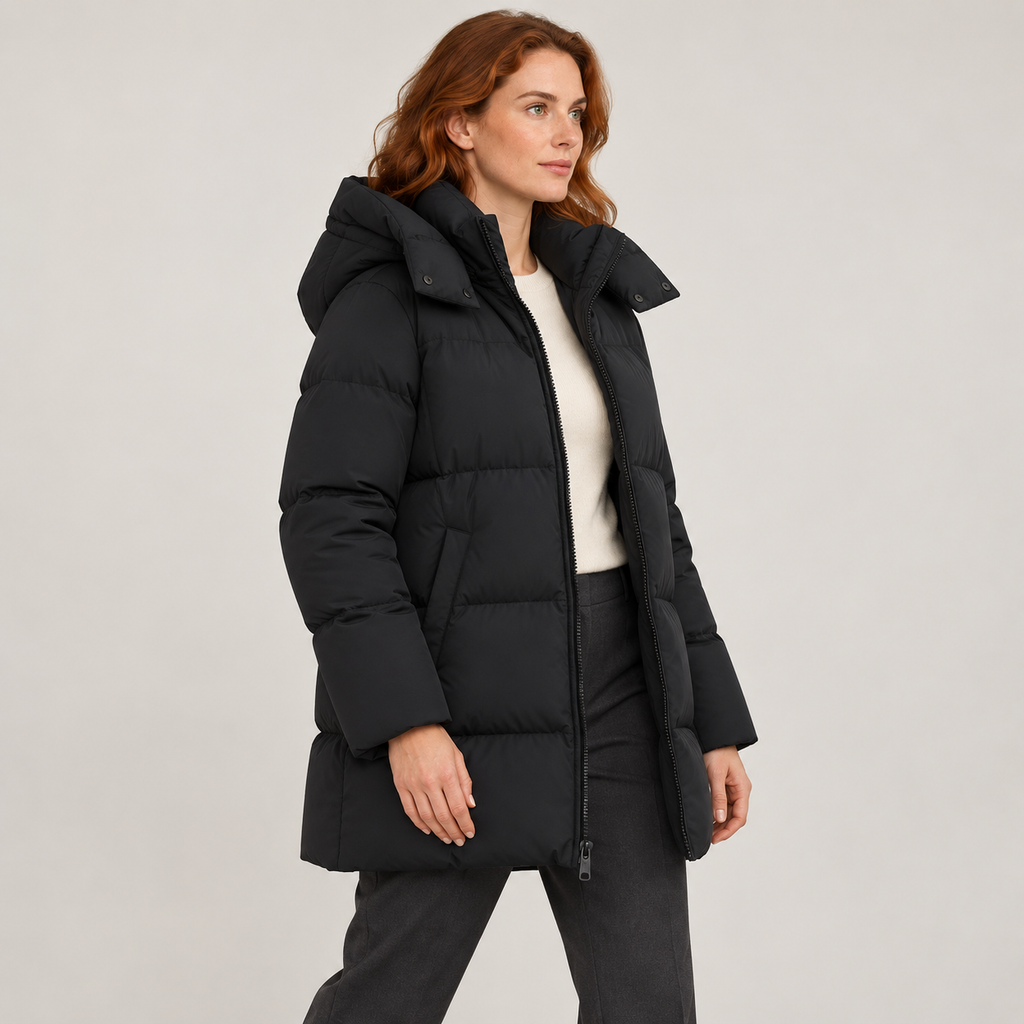 Amarante | Chic Black Puffer Jacket for Women with Longline Hooded Silhouette