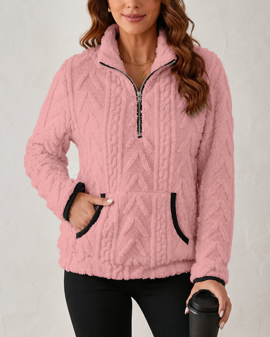 Marielle | Textured Half-Zip Pullover with Kangaroo Pocket