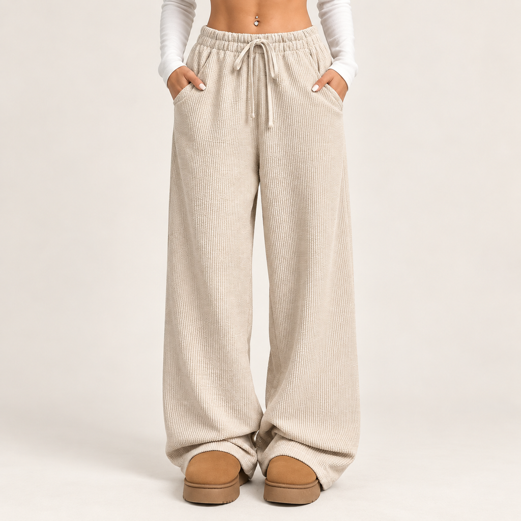 Rosalind | Women's Apricot Wide Leg Trousers with Drawstring Waist – Side Pockets